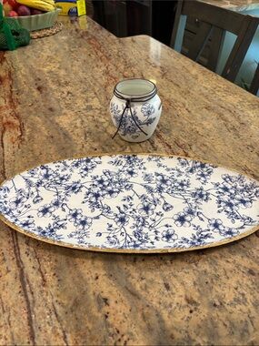 Decoupage - Blue Floral Oval Serving Platter and Jar Set